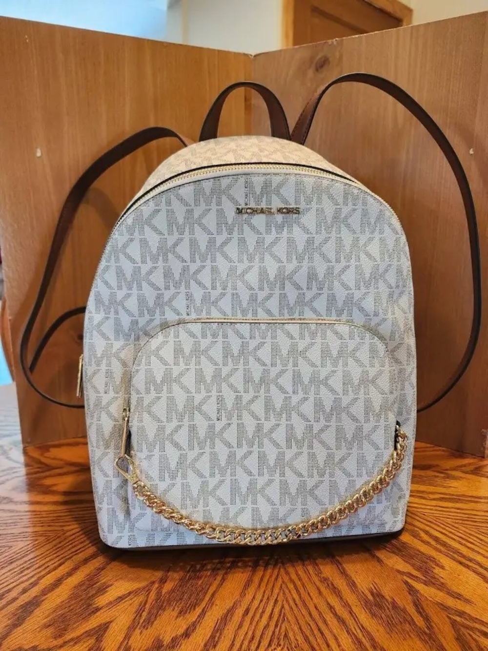 Michael Kors White MK Logo Backpack with Gold Chain Accent